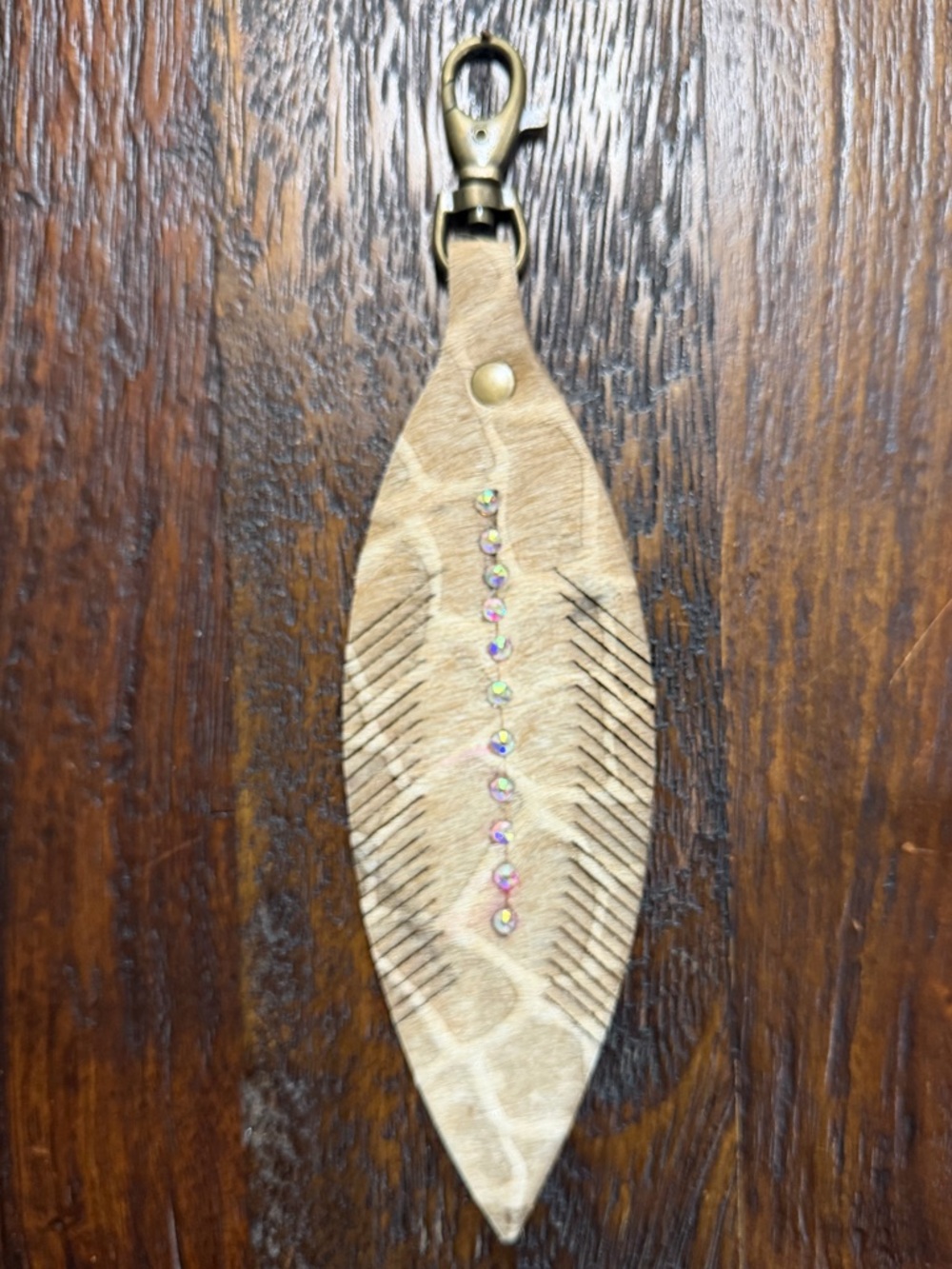 Keep it Gypsy Leather Feather Keychain Bag Tag with Iridescent Rhinestones NEW